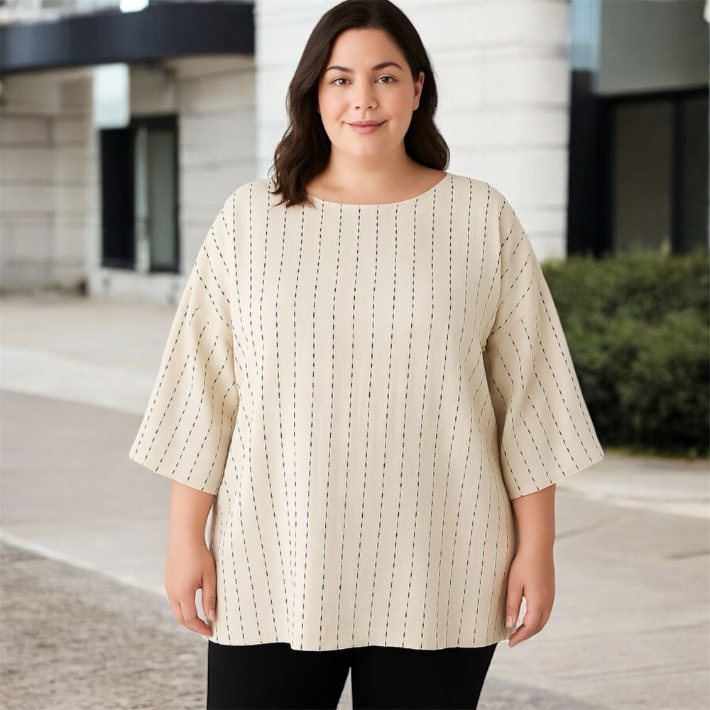 NWT J. Jill Oversized Lagenlook Kantha Stitch Blouse Womens 2X Cream Minimalist